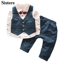 Коллекция года, весенне-осенняя новая стильная одежда для детей, рубашка+ жилет+ штаны, костюм из 3 предметов нарядное платье для маленьких джентльменов