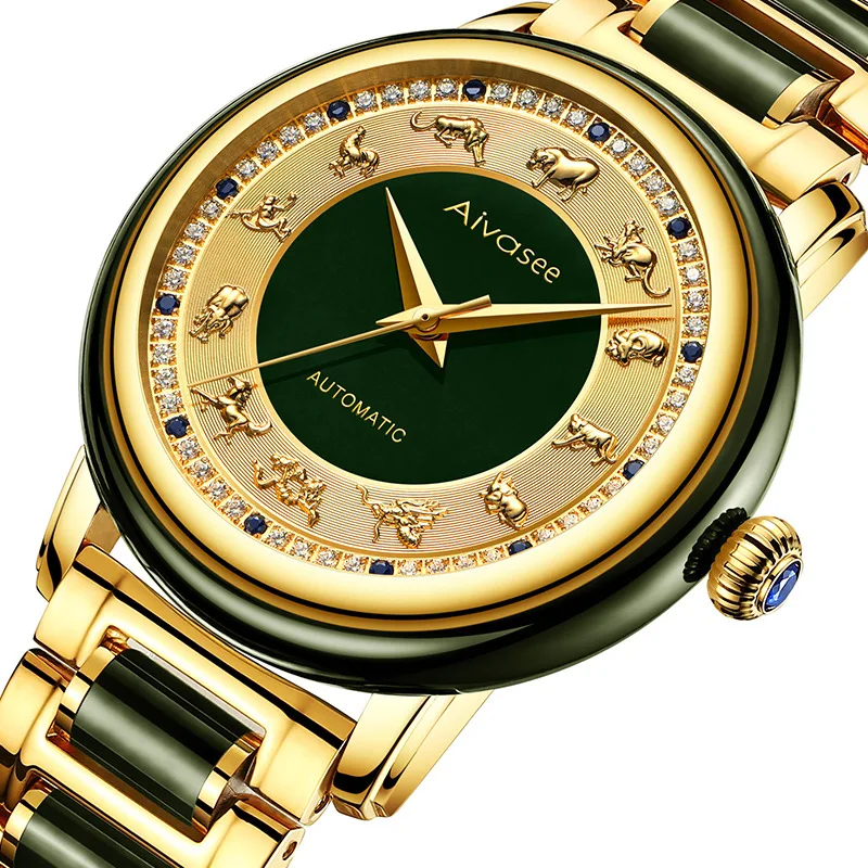

Fashion Zodiac Scale Dial Cyan Jade Men's Watch Sapphire Diamond inlay Clock Couple Automatic Mechanical Wrist Watches Ladies