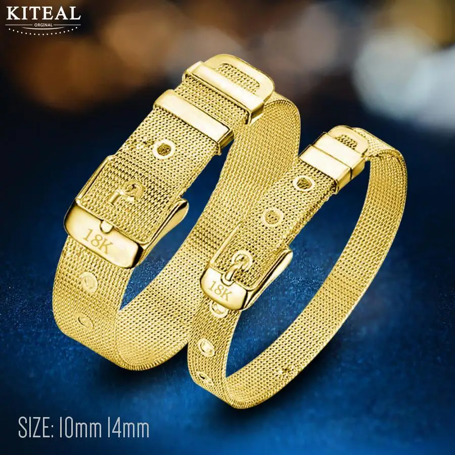 

Kiteal 2018 New Silver/Gold Color Couple bangle Mesh Net Bracelet Adjustable Belt Buckle 10mm 14mm 21.5 cm Men chain
