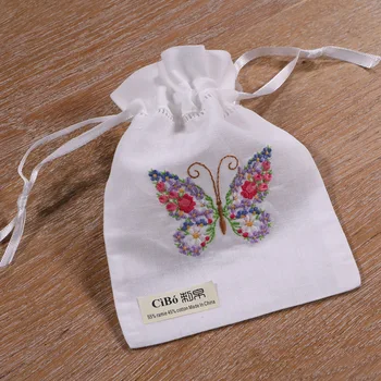 

B004 : white ramie/cotton drawstring embroidery flower butterfly gift bags, 5x7 inches sachet bags, travel pouch