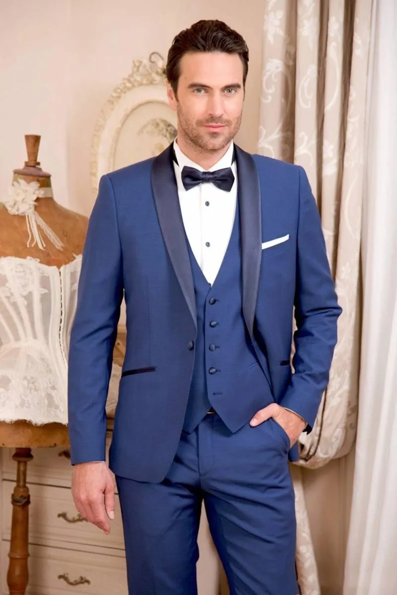 Одна кнопка-синий смокинг для жениха лацканы с отворотом для шафера мужские свадебные костюмы для выпускного (куртка + брюки + жилет +