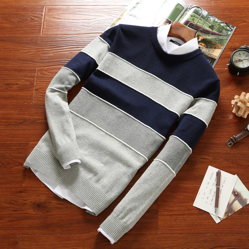 Осенний брендовый Мужской Повседневный свитер, Модный Полосатый приталенный вязаный мужской свитер с круглым вырезом, пуловеры M-4XL YH17031 - Цвет: 17039