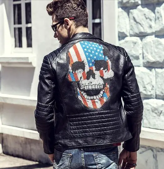 

S-3XL!!Young man locomotive spring leather jacket coat lapels, cultivate one's morality skeleton brief paragraph inclined zipper