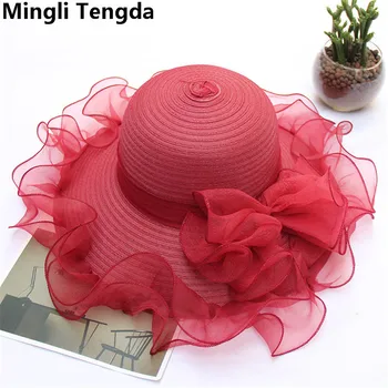 

Wine Red Lace Flower Wedding Summer Visor Hat Fashion Bridal Hats Wedding Hats For Women Elegant Chapeau Mariage Mingli Tengda
