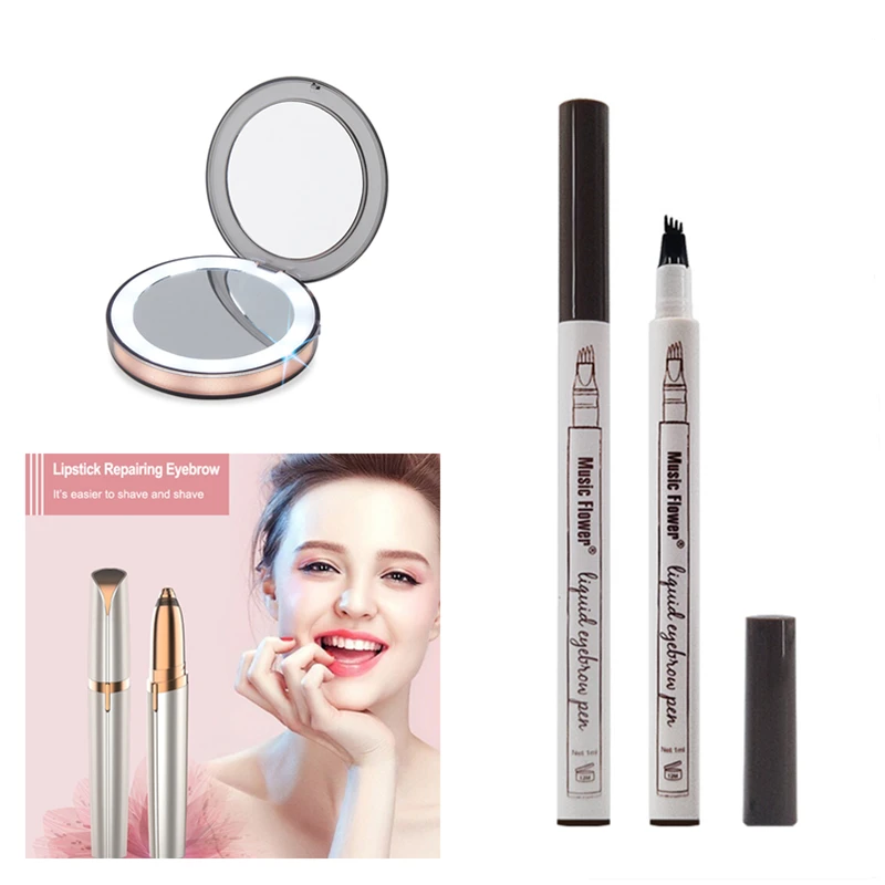 

Mini LED Light Makeup Mirror Fork tip Eyebrow Pencil Eyebrow Trimmer Compact Travel Portable Sensing Lighting Makeup Mirror