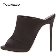Latest Peep Toe Black Satin Mules Women Sexy High Heels 12 cm Heeled Sandals Slim Platform Ladies Summer Party Dress Shoes 2019 Latest Peep Toe Black Satin Mules Women Sexy High Heels 12 cm Heeled Sandals Slim Platform Ladies Summer Party Dress Shoes 2019