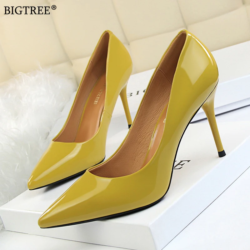 BIGTREE high heels Women Shoes 2019 office Lady pumps fashion pointed toe patent leather heels 9CM Summer ladies shoe yellow