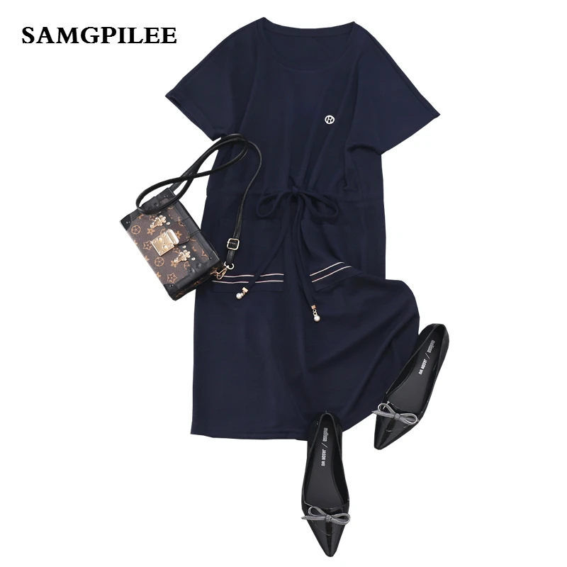 

2019 New Arrival Samgpilee Casual A-line Solid Short sleeve Sashes Knee-length fashion Natural O-neck Summer Women Dresses L-4XL
