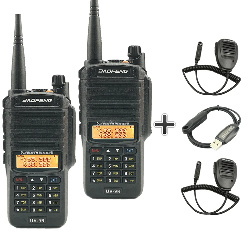 2 шт. Baofeng UV-9R пыле иди и болтай Walkie Talkie “иди и IP67 Водонепроницаемый любительской радиостанции УФ 9R двухстороннее радио CB Ham UV9R дальность 50 км - Цвет: Add 1cable 2mic