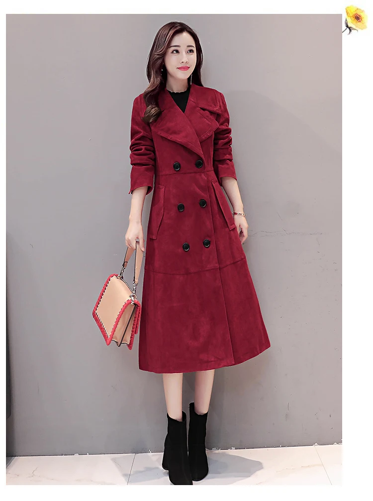 Длинный двубортный тренч для женщин корейская мода весна осень размера плюс тонкий оленья замша пальто для женщин Z12