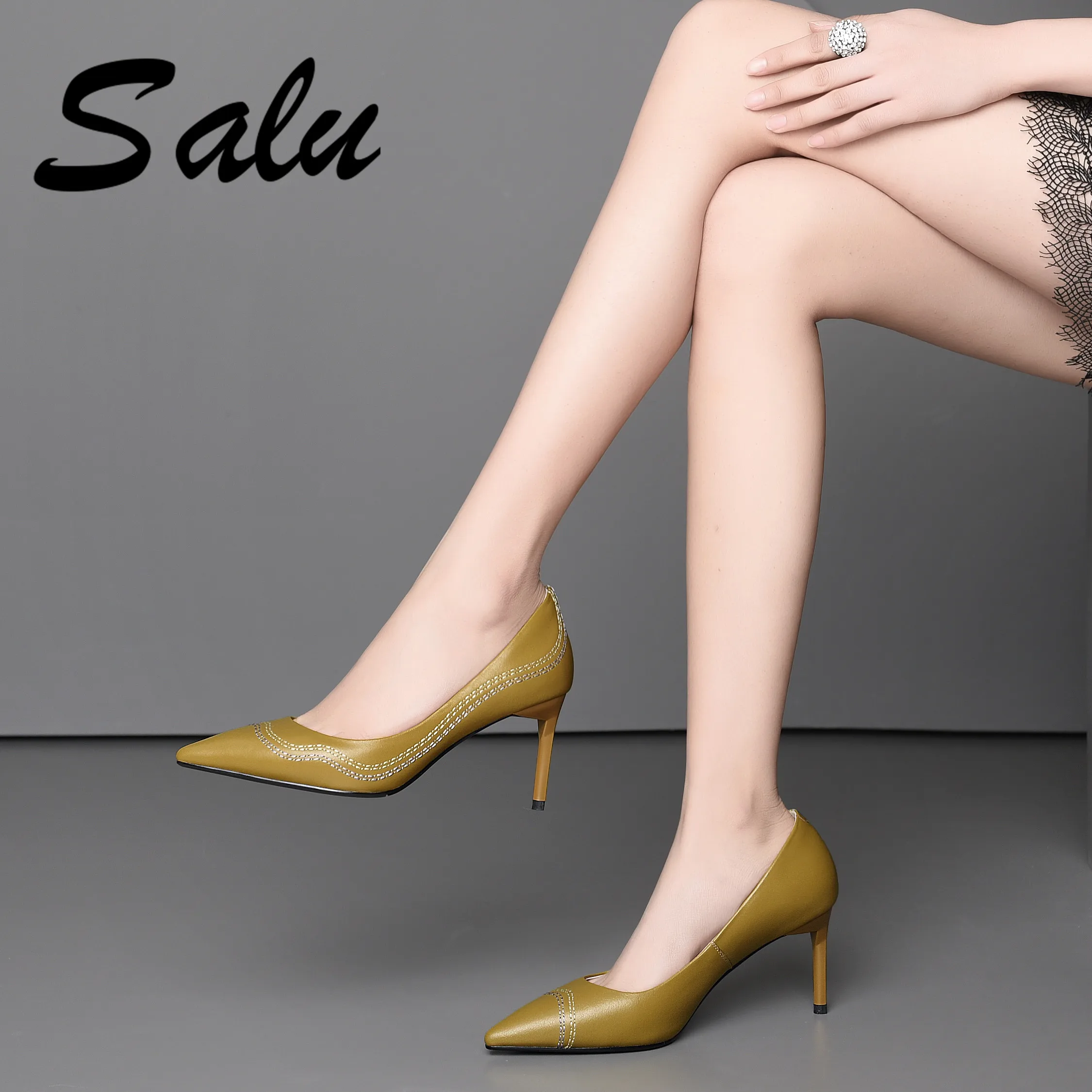 

Salu New 2019 Hot sale basic Genuine leather women pumps rivets pointed toe exy stiletto heels spring summer shoes