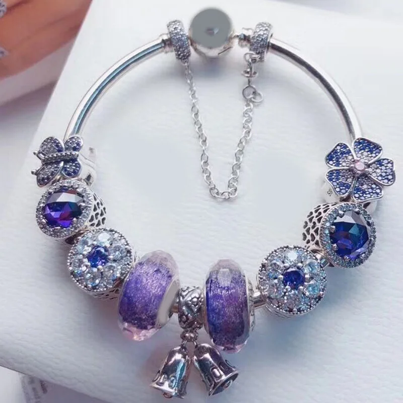 

100%925 Sterling Silver Original Copy 1:1 Fashionable Silver New Style Bell With Blue Bracelet For Women