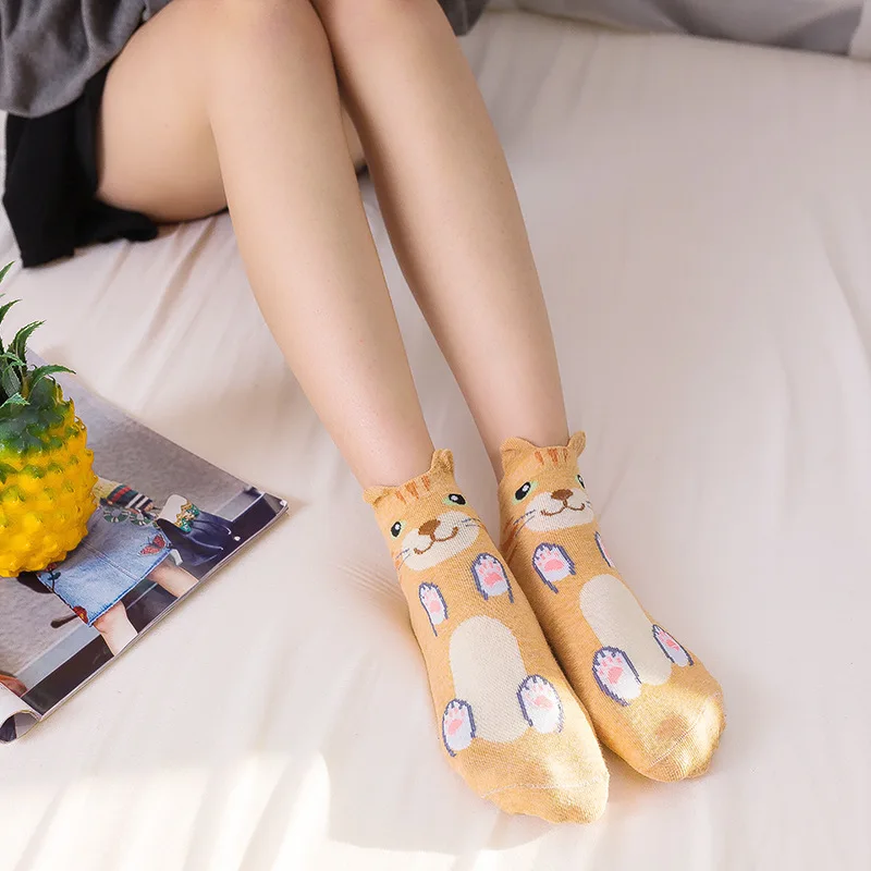 5 пар/уп. короткие забавные женские носки с принтом милые Мультяшные животные носки с ушками для девушек и девушек летние