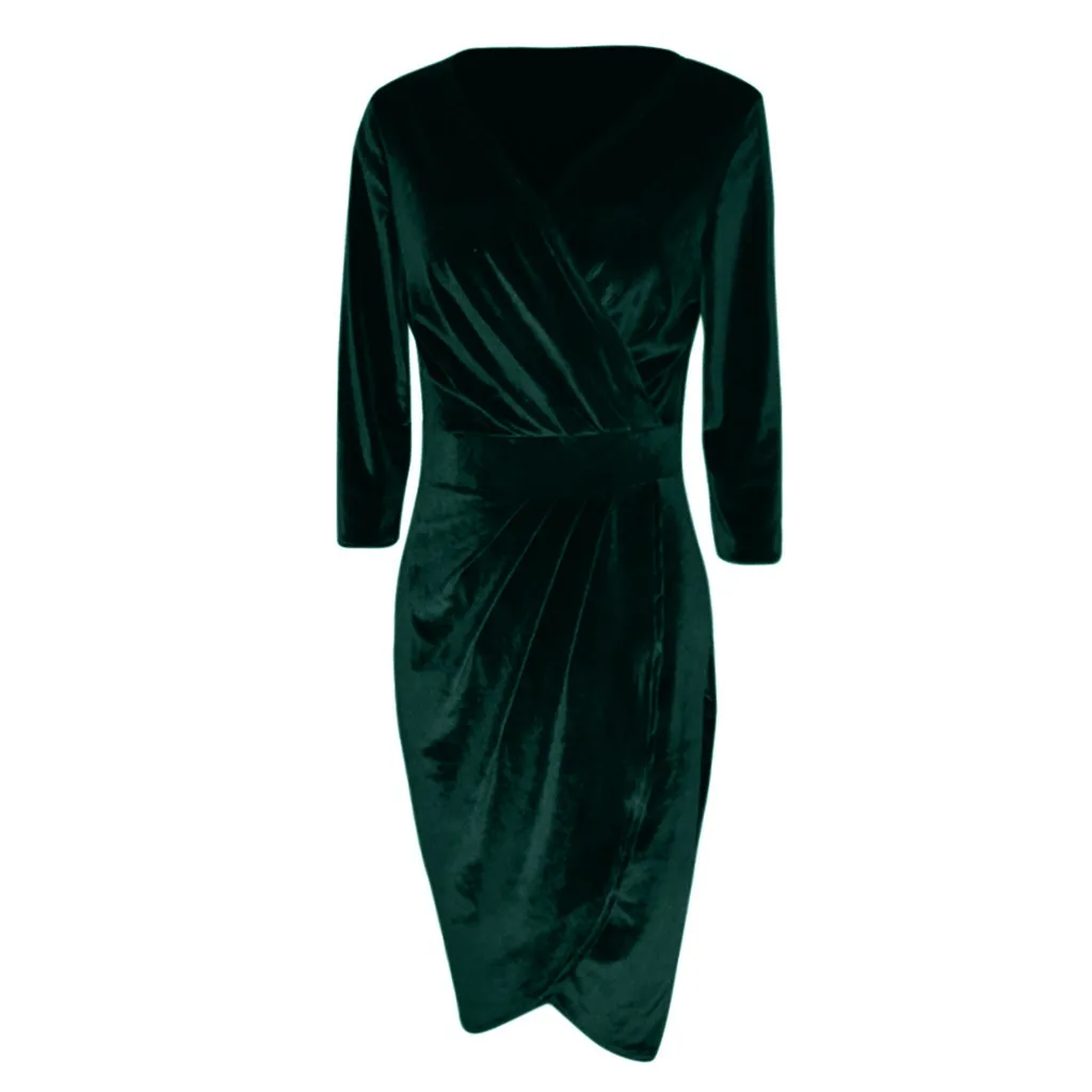 Женское бархатное платье с глубоким v-образным вырезом, рукав три четверти, облегающее платье, модное асимметричное сексуальное платье# EP