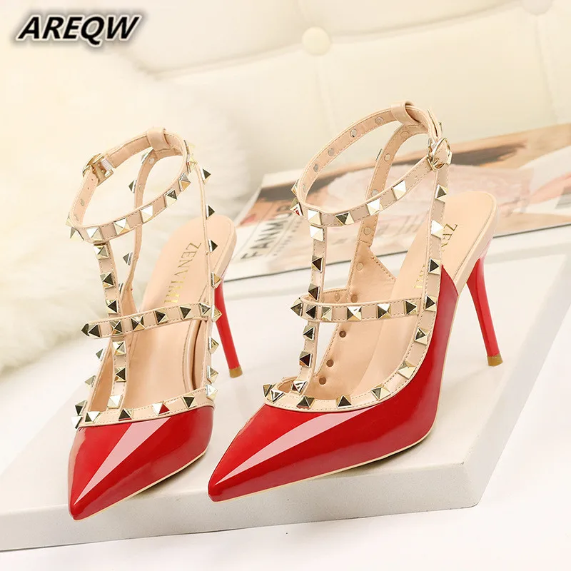 

2019 Spring Summer Thin Heels Pointed Rivets High Heels Fine with Shallow Mouth Shoes Baotou Sandals