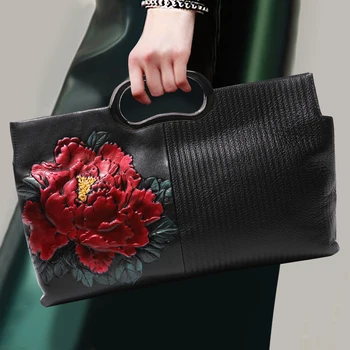 

2018New Style Vintage Genuine Leather Woman Bag Large Capacity Leisure Handbag Peony Flower Pattern Chain Shoulder Bag Crossbody