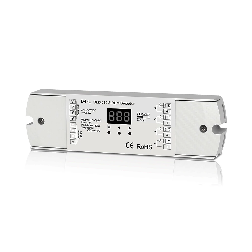 

4CH 5A/CH Constant Voltage DMX512 & RDM Decoder RGBW Controller 4 Channel Dimming Controller 12-24V Output PWM