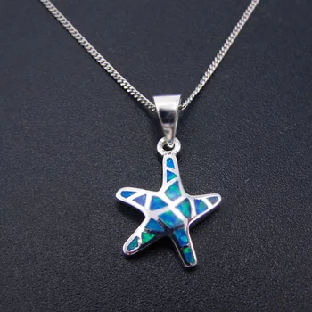 

100% 925 Sterling Silver Jewelry Women's Starfish Pendant Charms Blue Fire Opal Pendant Necklace For Gift