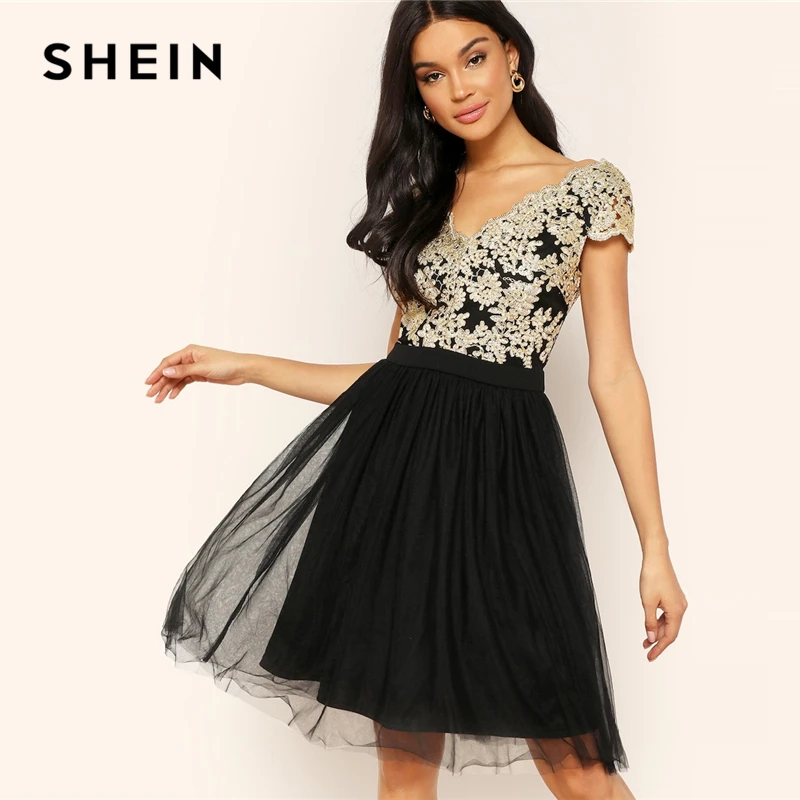 SHEIN Glamorous Black Floral Embroidery Contrast Mesh Overlay Midi