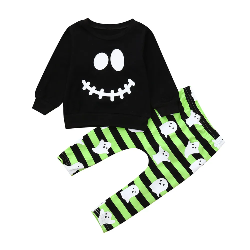 Комплект модной одежды для мальчиков, комплекты детской одежды для маленьких мальчиков и девочек топы с призраком из мультфильма, пуловер и штаны, комплект одежды на Хэллоуин