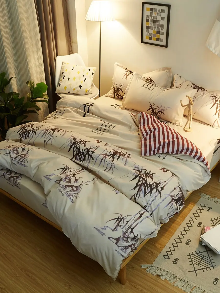 

3/4Pcs Duvet Cover Set Modern Bamboo Printed Soft Home Bedding Set