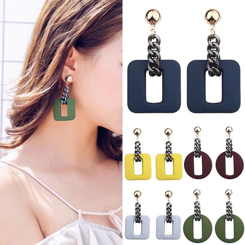

Fashion Drop Earring Resin Chain 6 Colors Women Round Square Geometric Dangle Ear Stud Large New Hot Charm 1Pair Jewelry Gifts