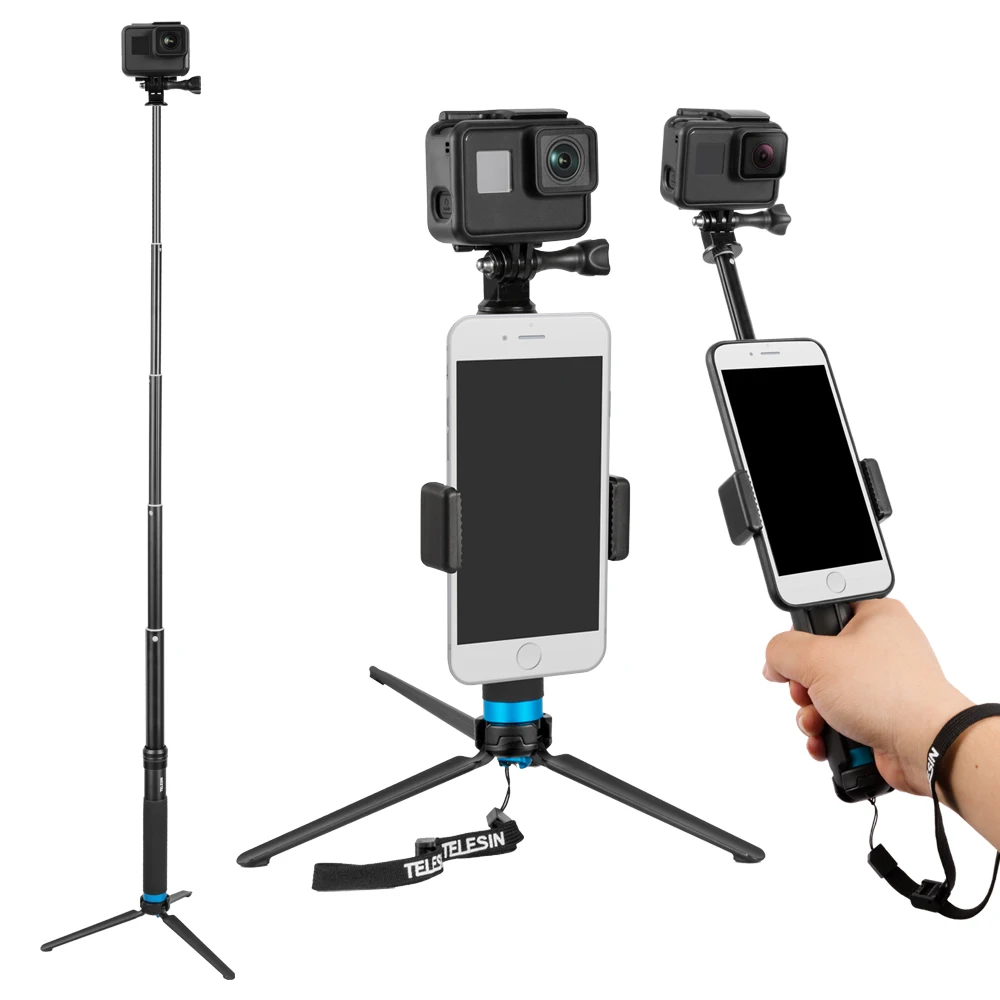 

TELESIN Extendable Aluminum Alloy Selfie Stick with Detachable Tripod for GoPro Hero 7 6 5 4 Xiao Yi Action Camera Smart phone