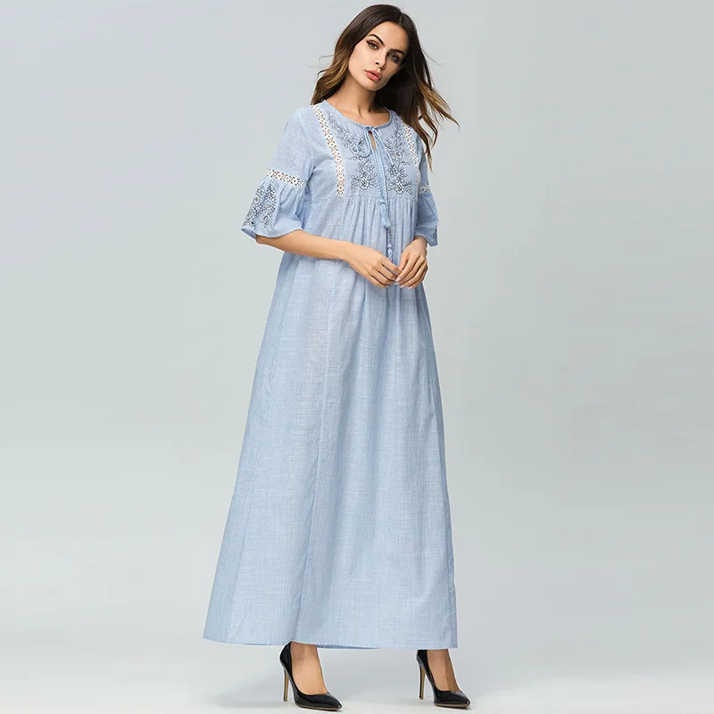 ShejoinSheenjoy Half Flare Sleeve Embroidery A-Line Ladies Party Dresses O-Neck Tassel Bow Hollow Out Sexy Women Long Dress (4)