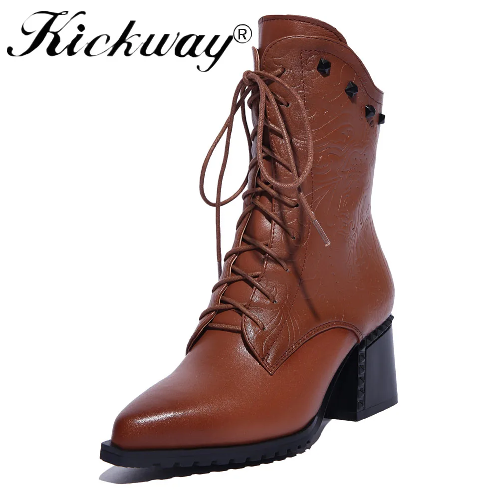 Kickway/женские ботильоны; женские ботинки; большие размеры 34-43; botas mujer invierno; коллекция года; на шнуровке; с острым носком; из натуральной кожи; на среднем каблуке - Цвет: Tan