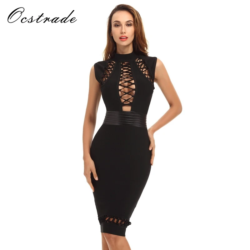 

Christmas Vestidos New Arrivals Women Bodycon Dress 2019 Sexy Bandage Party Dress Lace-up Hollow Out Black Bandage Dress