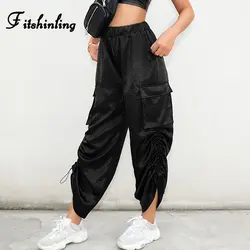 Fitshinling Drawstring для женщин брюки для девочек 2019 Весенняя мода ruching прямые женские Карманы Уличная джоггеры черный мотобрюки