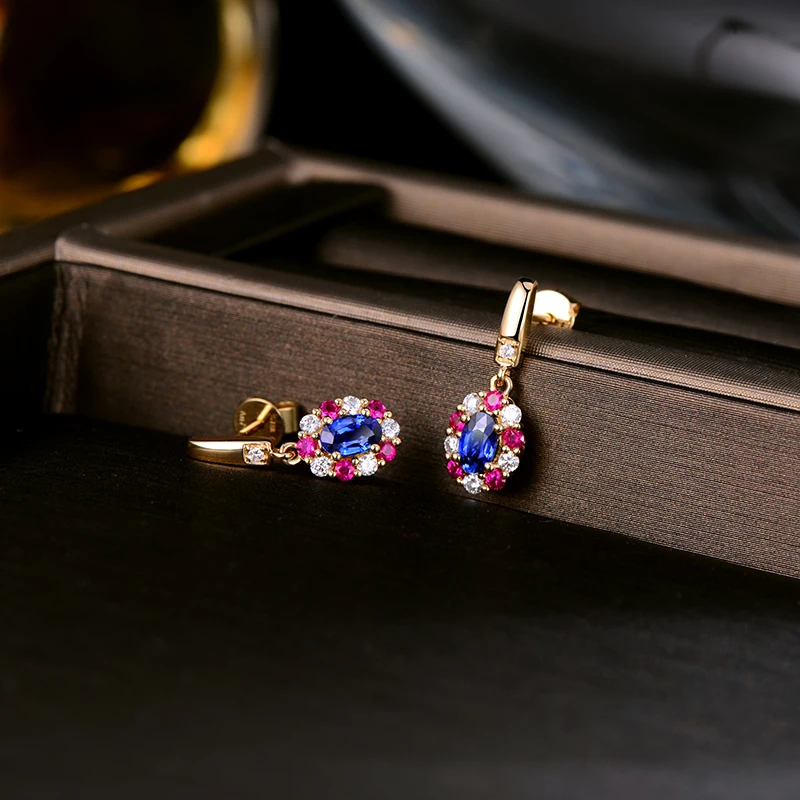 Caimao 0.69ct Blue Sapphire Earrings with Round Diamond Ruby 14k Yellow Gold Exquisite Dangle
