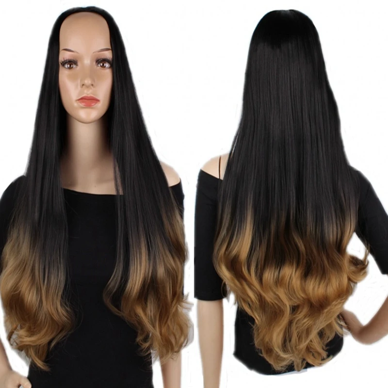

JOY&BEAUTY 3/4 Ladies Half Wig Brown Ombre Black Long Wavy Wigs 24" Half Wigs With Clip in Hair Extensions 3/4 Synthetic Wigs