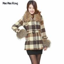 Зимний Женский Тренч из смесовой шерсти Повседневная Длинная Верхняя одежда воротник из натурального меха енота плед двубортный британский стиль