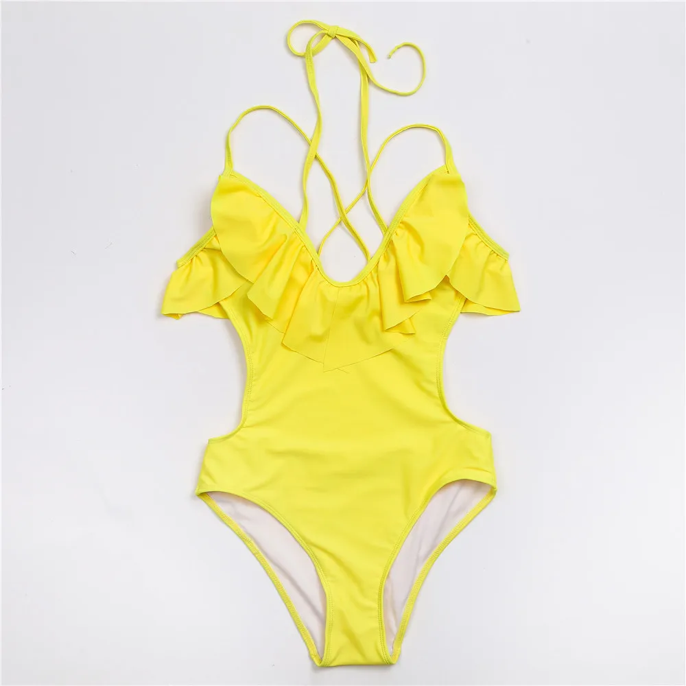 Winswim, Желтый сплошной цельный купальник с глубоким вырезом, Женский сексуальный купальник с оборками и вырезами, монокини, купальник для девушек, купальный костюм - Цвет: Цвет: желтый