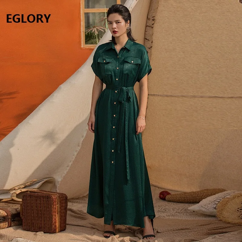 

High Quality Brand New 2019 Summer Long Shirt Dress Women Batwing Sleeve Golden Buttons Solid Green Long Dress Maxi Vestidos XXL