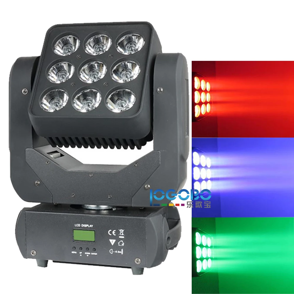 

Free Shipping DMX 512 Led Disco Matrix 9x10W Led Uplights RGBW Mini Projector Movinghead Beam Strobe Professional Stage Lighting