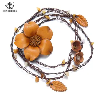 

RoyalBeier 3 Dimensional Tailor Flower Pendant Necklaces Genuine Leather Hand Girdle Chain Necklace For Charms Women Jewelry