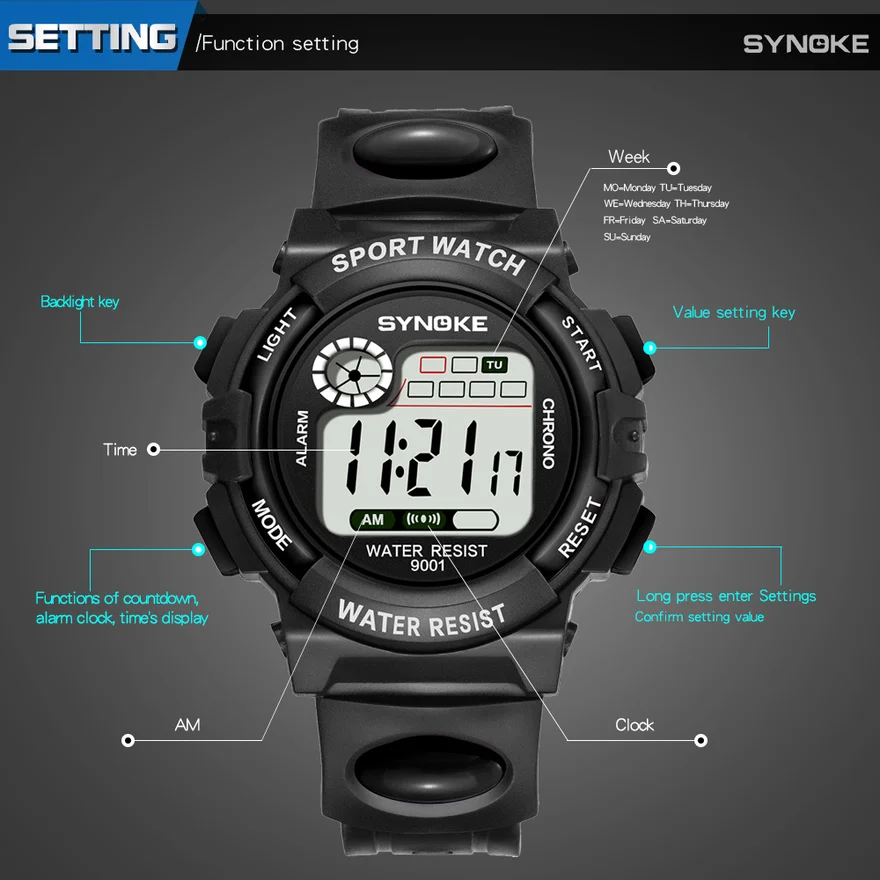 SYNOKE Sport студент дети часы мальчики девочки G Style шок LED цифровые электронные