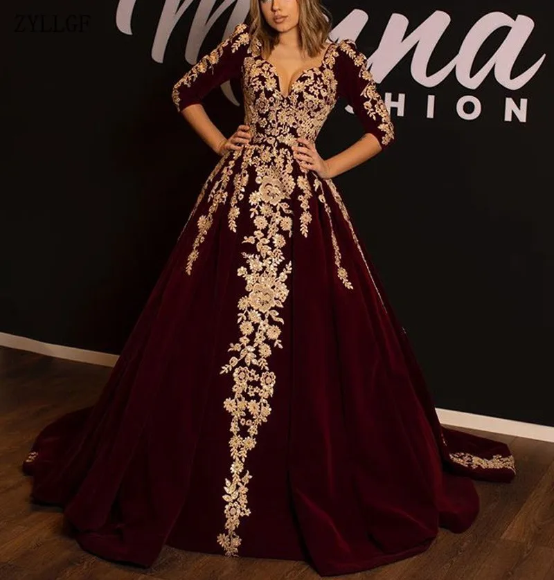ZYLLGF длинное вечернее платье 2019 элегантное Золотое кружевное арабское бургундское бархатное вечернее платье с 3/4 рукавами MC137