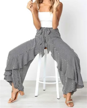 

2018 New Lady Summer Striped Wide Leg Pants Women's Bow Tie High Waist Ruffles Wide Leg Long Pants Hot Sale Women Flare Trousers
