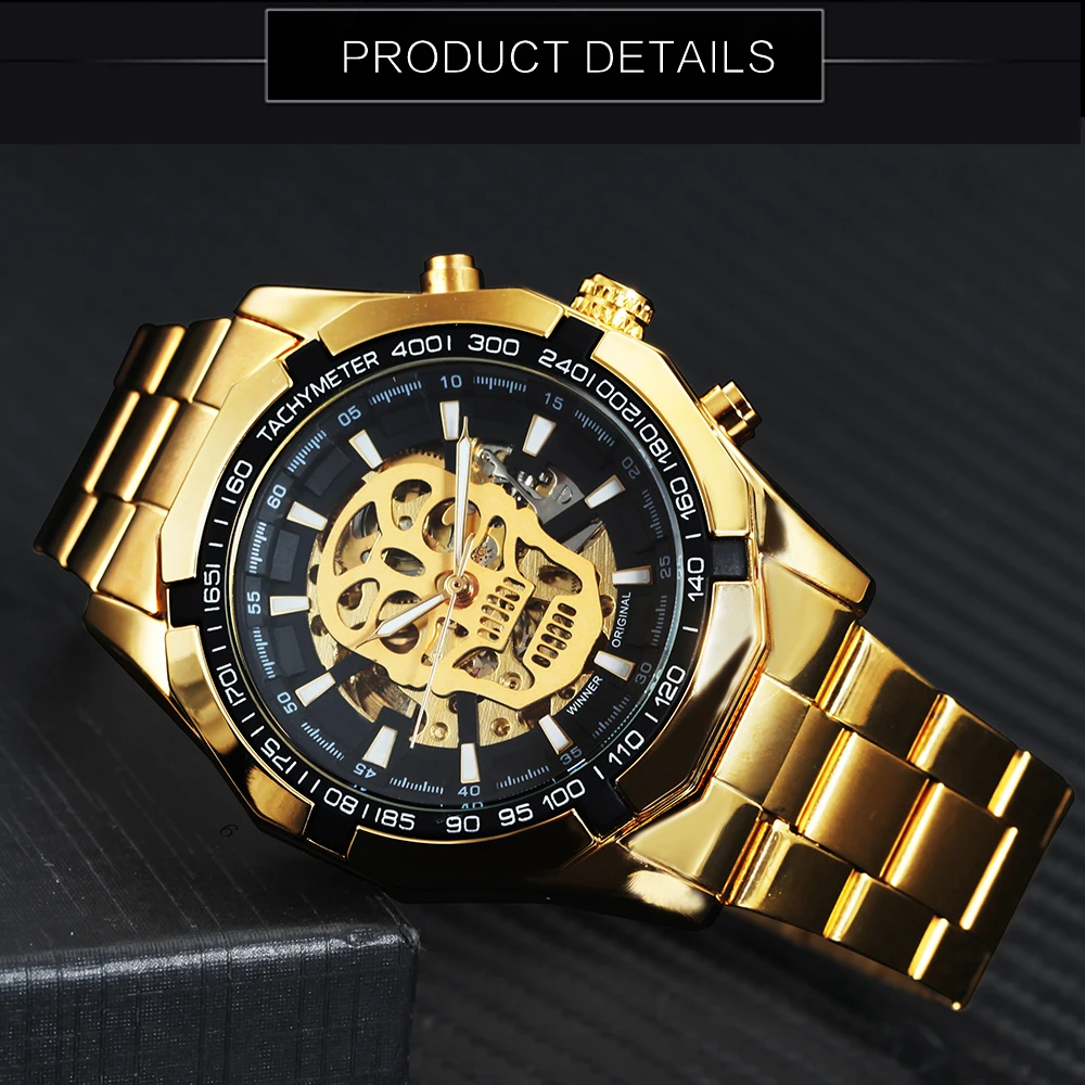 Победитель стимпанк череп автоматические механические часы мужские черные нержавеющая сталь ремень Скелет циферблат модные дизайн
