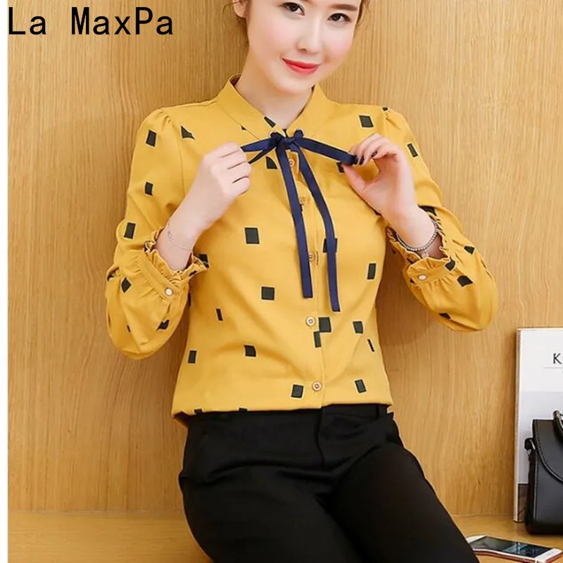

New Fashion Ladies Casual Slim Top Lace-up Bow Collar Polka Dot Full Petal Sleeves Blouse Women All-match Short Fit Shirts
