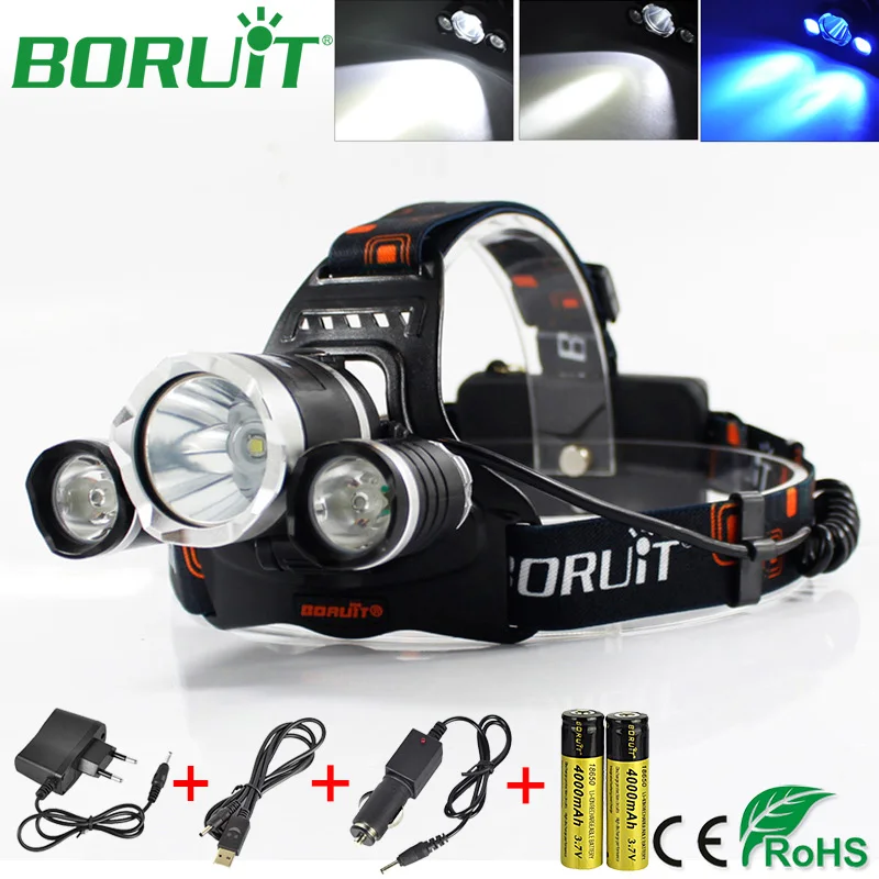 

BORUiT RJ-3000 Blue LED T6 Headlamp Flashlight 3 Modes Camping Hunting Headlights Rechargeable Head Torch Light by 18650 Battery