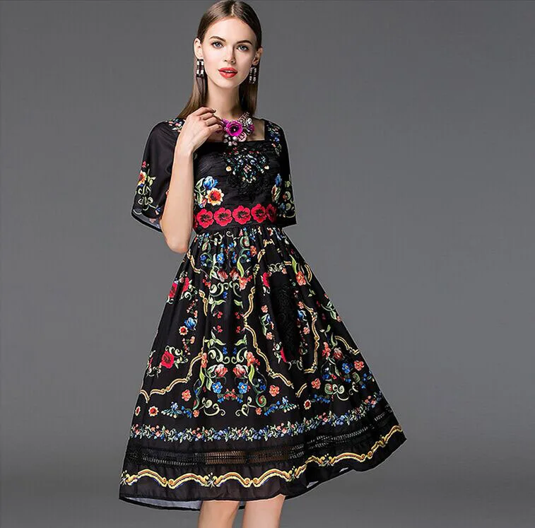 New Arrival Women's Square Neckline Short Sleeves Floral Printed Embroidery High Street Elegant Runway Dresses