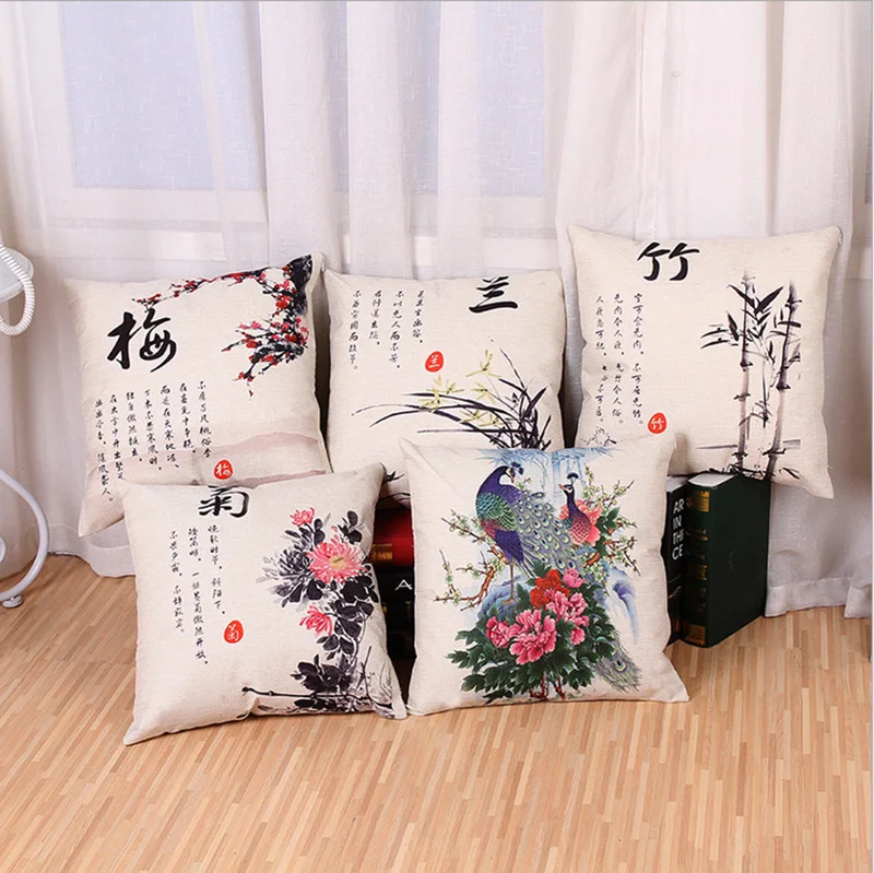 45cm Chinese Classical Style Plum Blossom Linen Cotton Pillow