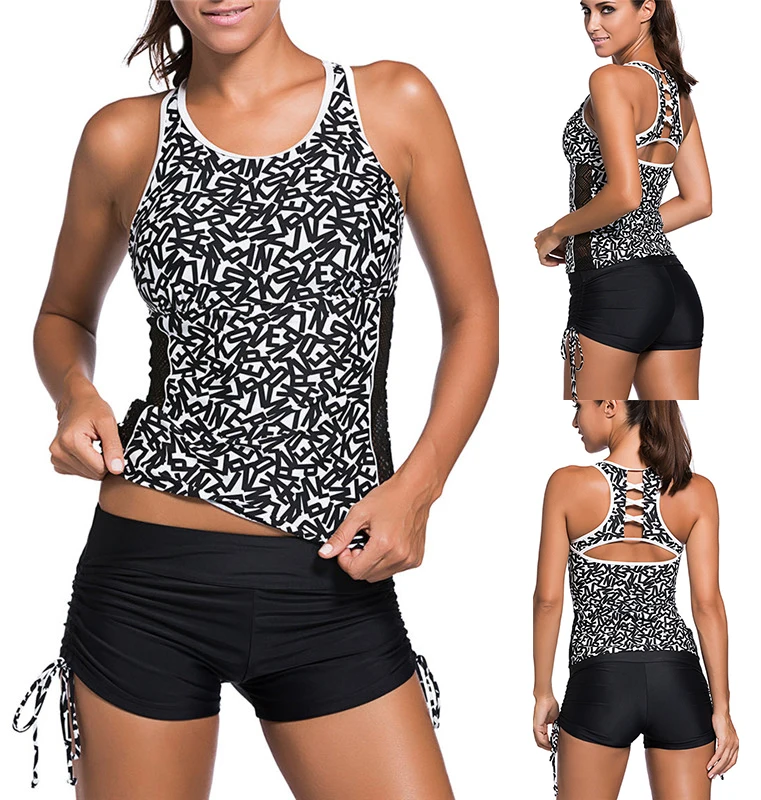 

TONY Two Piece Letter Print Tankini Set Quick-dry fabric Swimwear Racerback Back Cutout Removable Padded Plus size Sports Wear