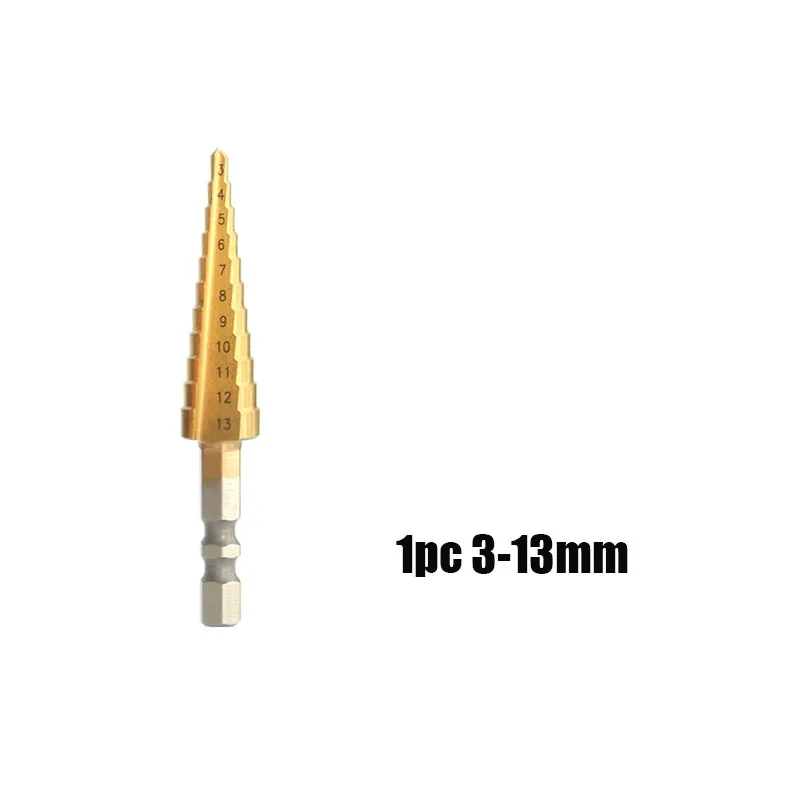 1pc 3-13mm Ступенчатые сверла из быстрорежущей с алмазным напылением для Титан покрытием 3-12/13 на возраст от 4 до 12 лет/20 мм/22 мм/32 мм конус дыропробивной пресс 1/4 ''шестигранным хвостовиком бит пустотелого сверла диаманта для металла, дерева - Цвет: 1pc 3-13mm