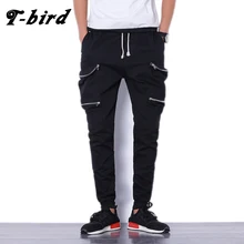 T-bird мужские брюки в стиле хип-хоп, Брендовые мужские брюки карго, однотонные тонкие колготки, штаны на молнии, Компрессионные Мужские штаны для бега, черные спортивные штаны