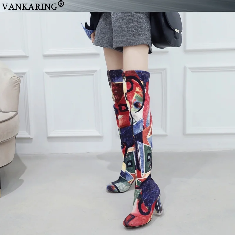 Бренд vankaring/Женская обувь; Сапоги выше колена больших размеров; сезон осень-зима; женские модельные туфли на тонком высоком каблуке; пикантные вечерние сапоги